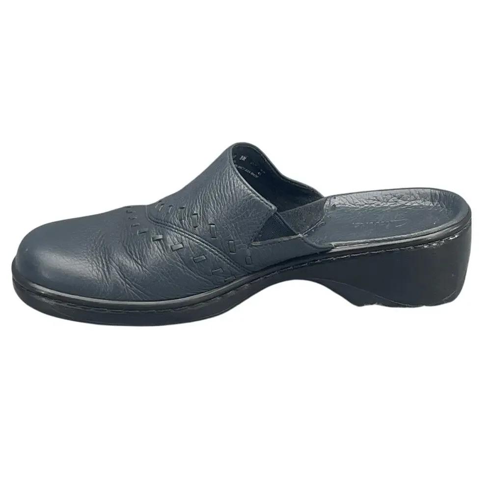 Clarks Navy Blue Leather Slip On Comfort Slide Clog Mule Shoe Women 8M